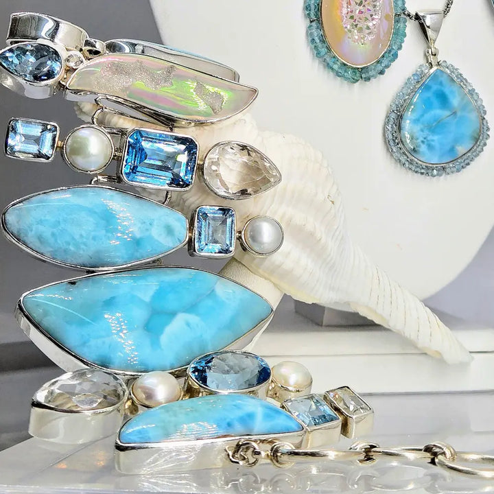 ?SEa-monster’ 7’’ - 8.5’’ Bracelet - Larimar Druzy Topaz Pearl Sterling