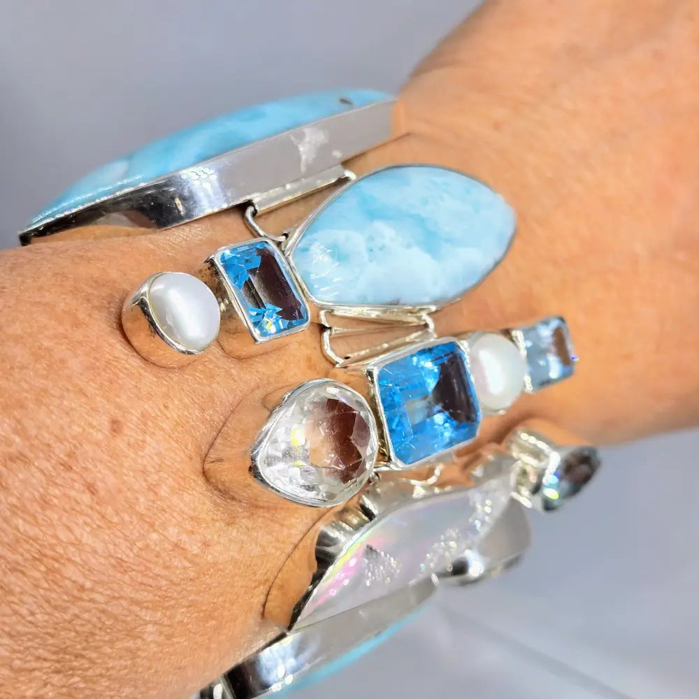 ?SEa-monster’ 7’’ - 8.5’’ Bracelet - Larimar Druzy Topaz Pearl Sterling