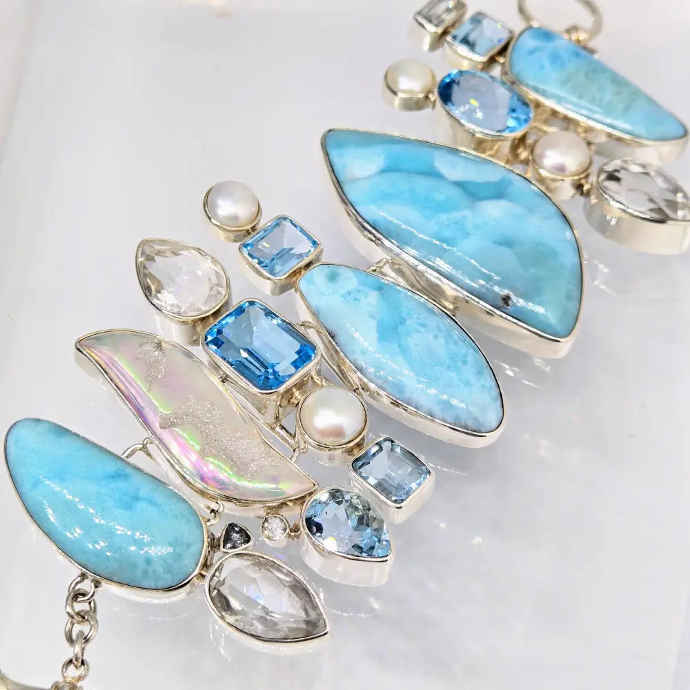 ?SEa-monster’ 7’’ - 8.5’’ Bracelet - Larimar Druzy Topaz Pearl Sterling