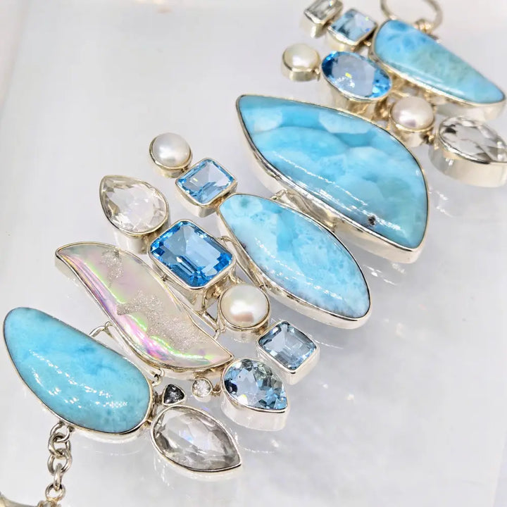 ?SEa-monster’ 7’’ - 8.5’’ Bracelet - Larimar Druzy Topaz Pearl Sterling