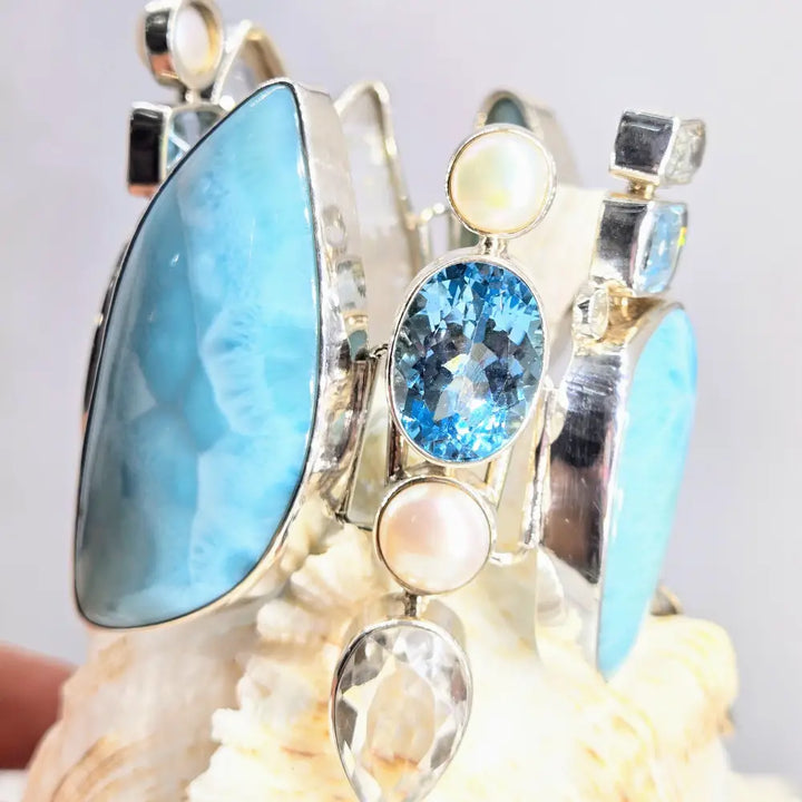 ?SEa-monster’ 7’’ - 8.5’’ Bracelet - Larimar Druzy Topaz Pearl Sterling