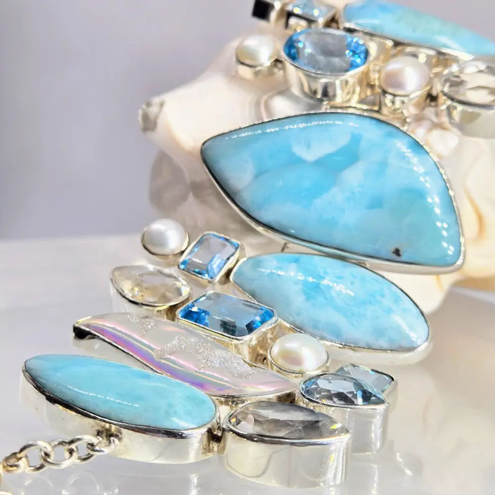?SEa-monster’ 7’’ - 8.5’’ Bracelet - Larimar Druzy Topaz Pearl Sterling