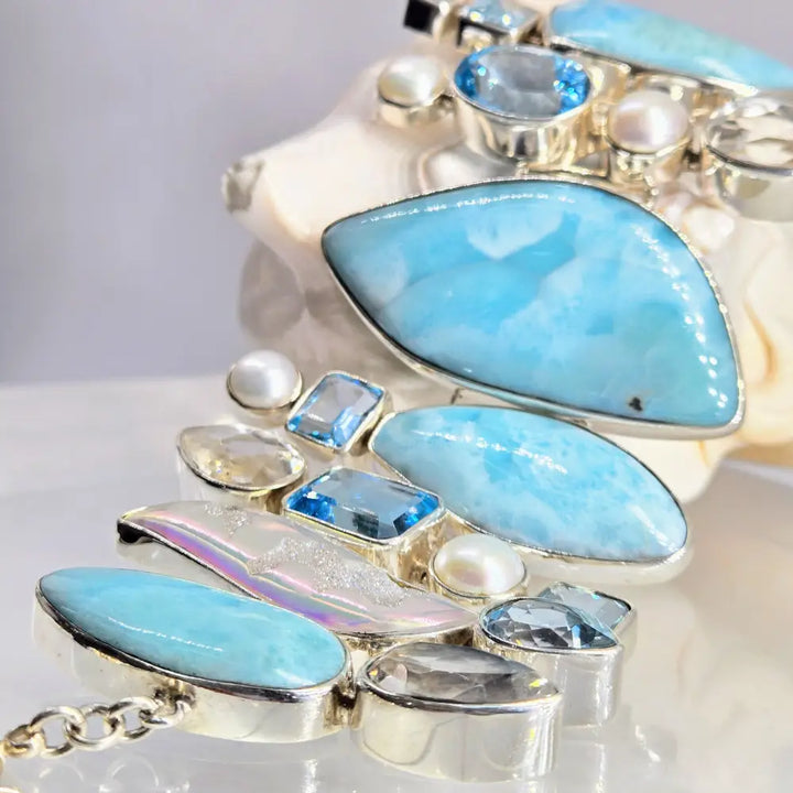 ?SEa-monster’ 7’’ - 8.5’’ Bracelet - Larimar Druzy Topaz Pearl Sterling