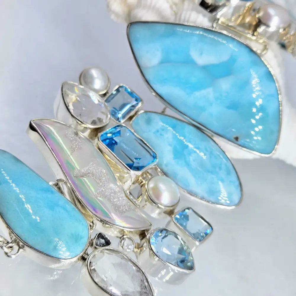 ?SEa-monster’ 7’’ - 8.5’’ Bracelet - Larimar Druzy Topaz Pearl Sterling