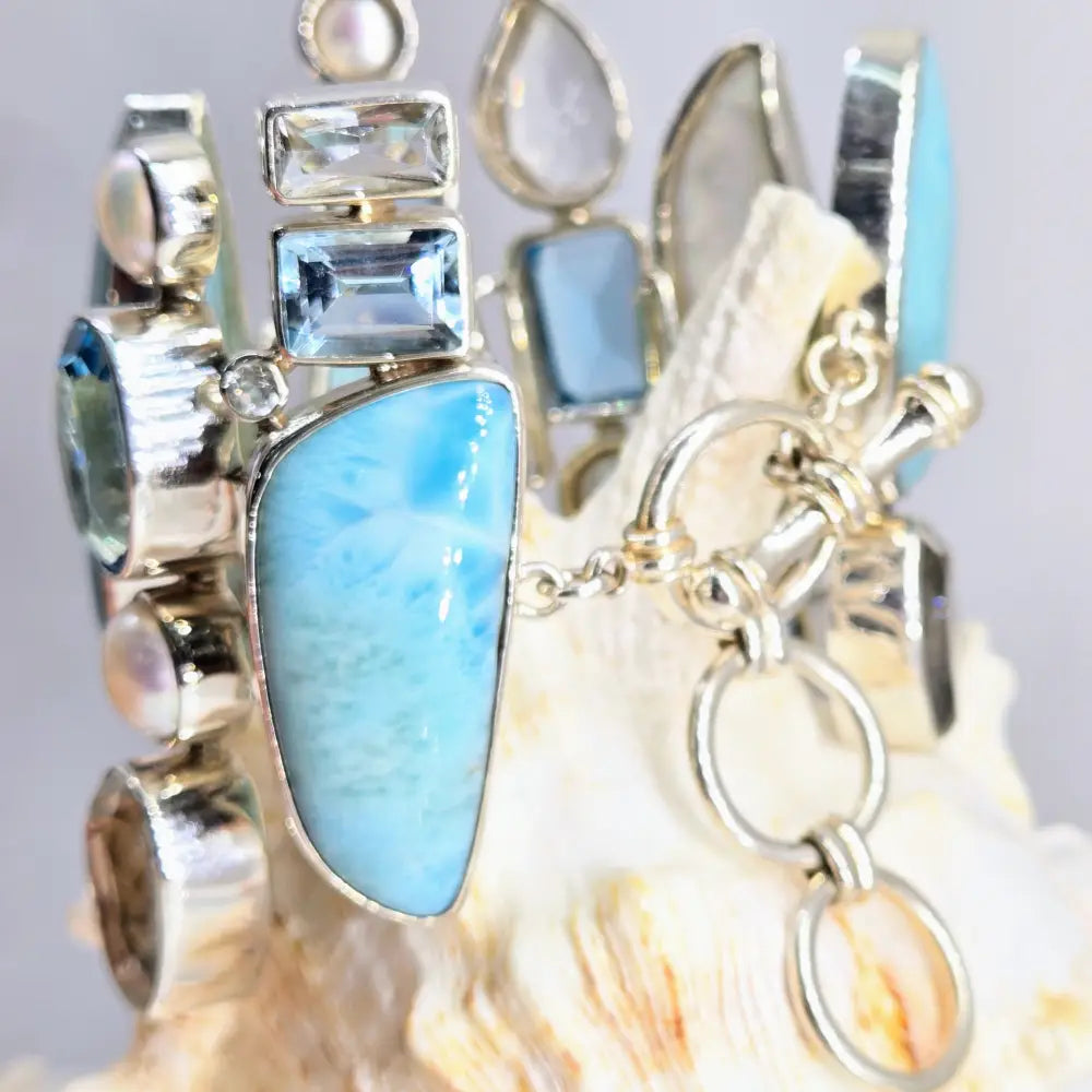 ?SEa-monster’ 7’’ - 8.5’’ Bracelet - Larimar Druzy Topaz Pearl Sterling