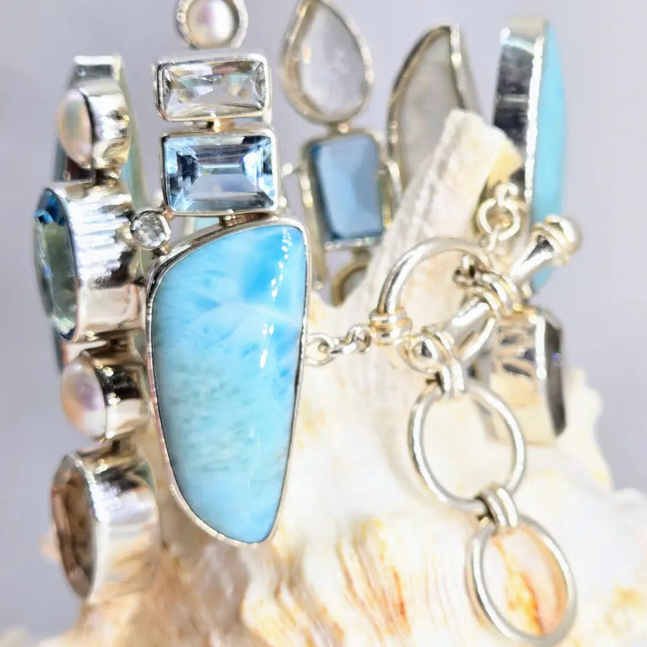 ?SEa-monster’ 7’’ - 8.5’’ Bracelet - Larimar Druzy Topaz Pearl Sterling