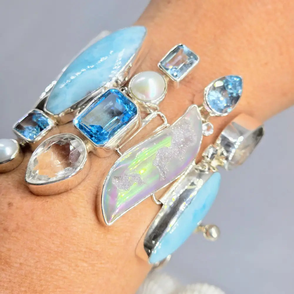 ?SEa-monster’ 7’’ - 8.5’’ Bracelet - Larimar Druzy Topaz Pearl Sterling