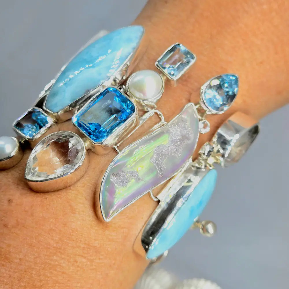 ?SEa-monster’ 7’’ - 8.5’’ Bracelet - Larimar Druzy Topaz Pearl Sterling