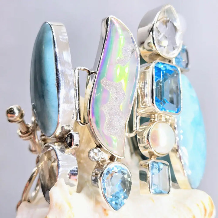 ?SEa-monster’ 7’’ - 8.5’’ Bracelet - Larimar Druzy Topaz Pearl Sterling