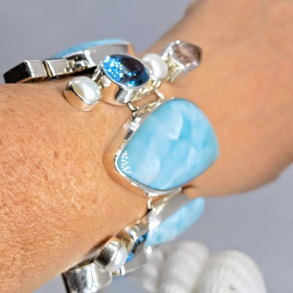 ?SEa-monster’ 7’’ - 8.5’’ Bracelet - Larimar Druzy Topaz Pearl Sterling
