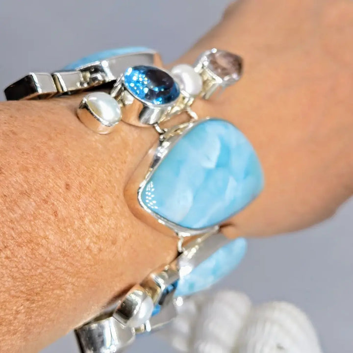 ?SEa-monster’ 7’’ - 8.5’’ Bracelet - Larimar Druzy Topaz Pearl Sterling