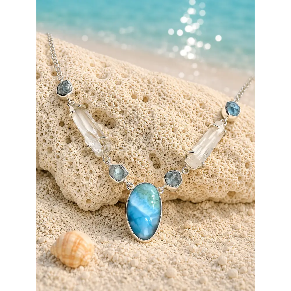 ?SEa Song’ Adj. Up to 19’’ Necklace - Aquamarine Quartz Larimar Sterling Pearl Finial