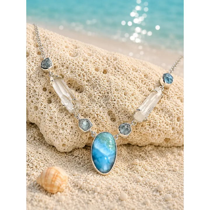 ?SEa Song’ Adj. Up to 19’’ Necklace - Aquamarine Quartz Larimar Sterling Pearl Finial