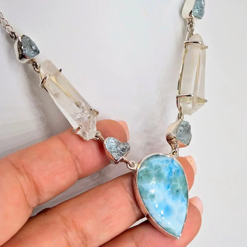 ?SEa Song’ Adj. Up to 19’’ Necklace - Aquamarine Quartz Larimar Sterling Pearl Finial