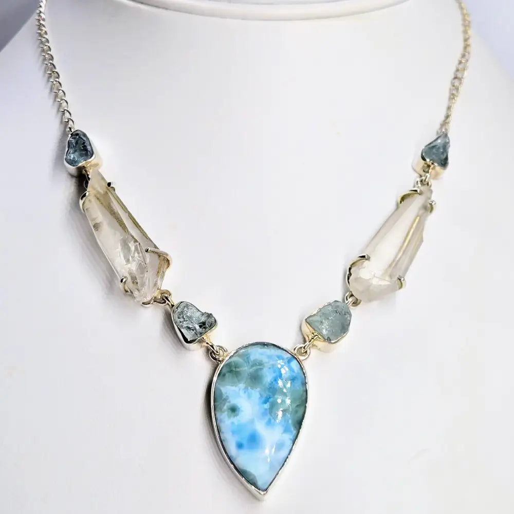 ?SEa Song’ Adj. Up to 19’’ Necklace - Aquamarine Quartz Larimar Sterling Pearl Finial - #1 Pear
