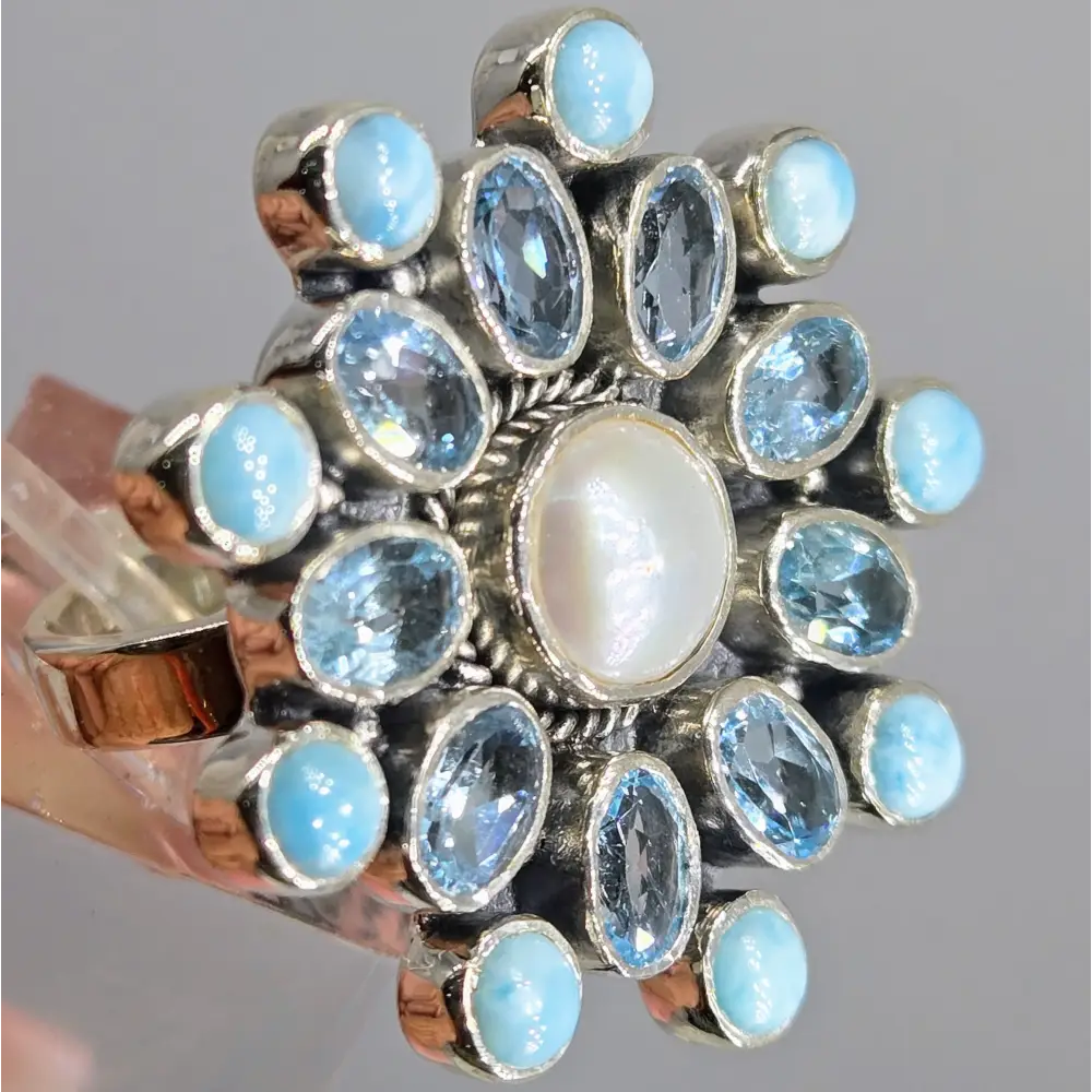 ?SEa Spray’ Adj Sz Ring - Larimar Topaz Pearl Sterling