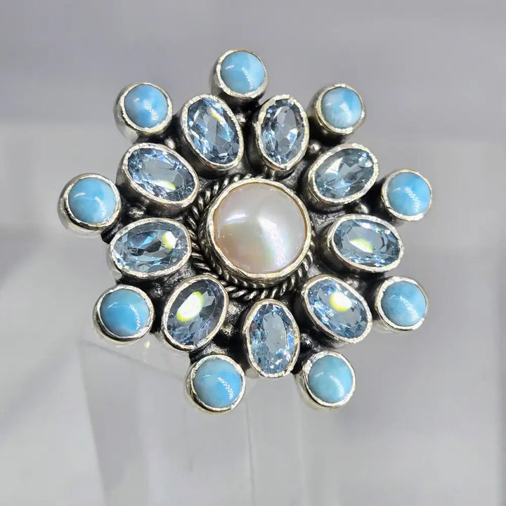 ?SEa Spray’ Adj Sz Ring - Larimar Topaz Pearl Sterling
