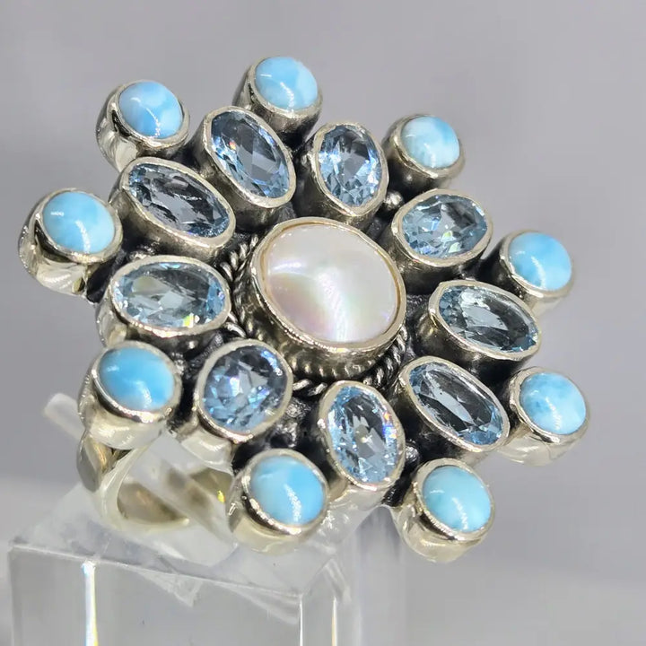 ?SEa Spray’ Adj Sz Ring - Larimar Topaz Pearl Sterling
