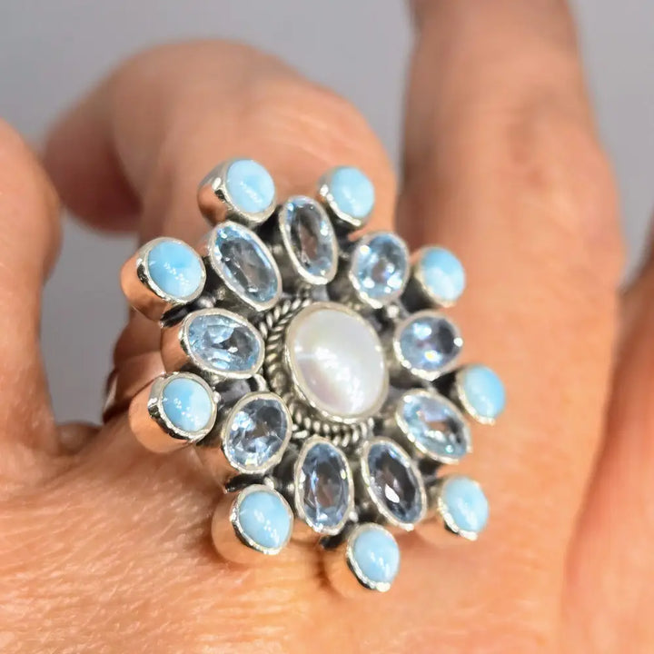 ?SEa Spray’ Adj Sz Ring - Larimar Topaz Pearl Sterling