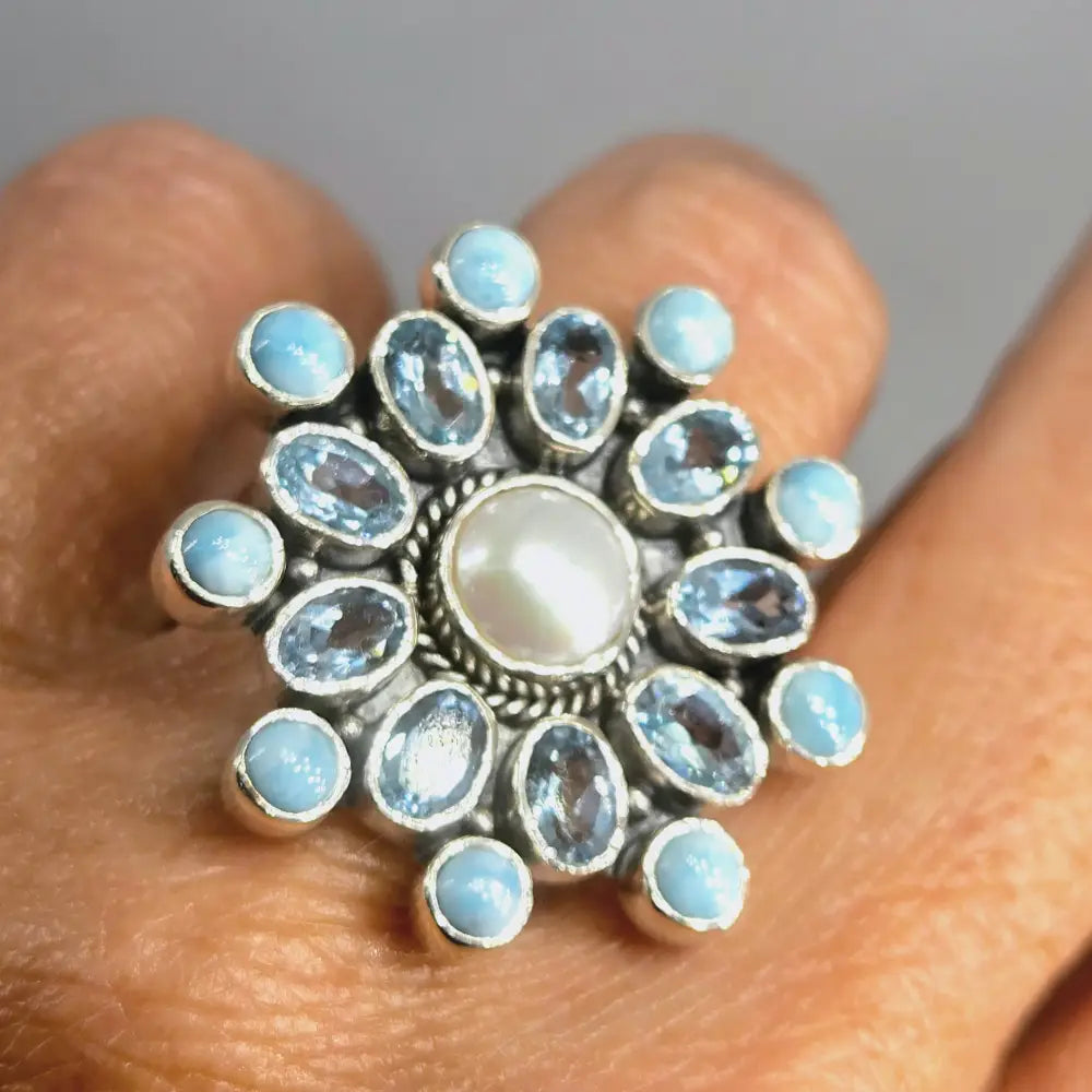 ?SEa Spray’ Adj Sz Ring - Larimar Topaz Pearl Sterling