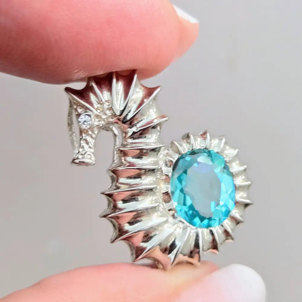 ?SEahorse of Course!’ 1’’ Pendant - Topaz Anti-tarnish Sterling 18’’ Steel Cable Necklace Incl. - Caribbean Blue