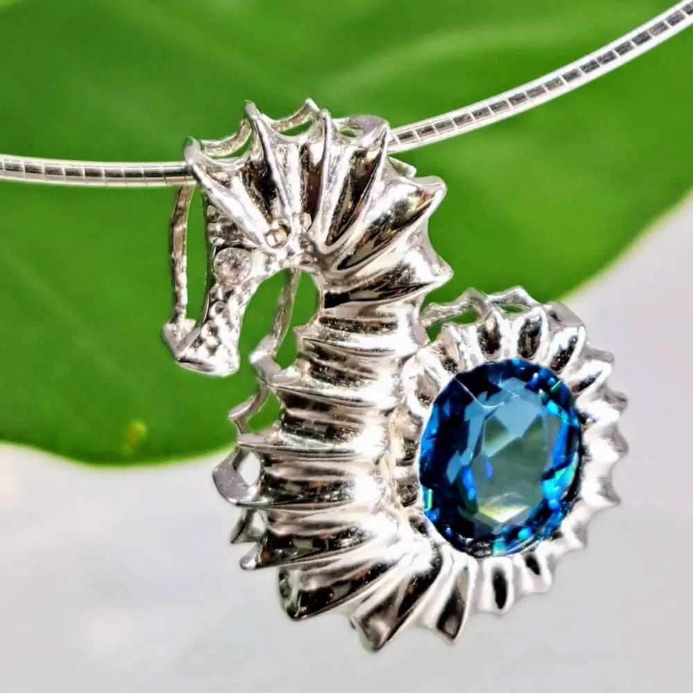 ?SEahorse of Course!’ 1’’ Pendant - Topaz Anti-tarnish Sterling 18’’ Steel Cable Necklace Incl. - on Omega Chain