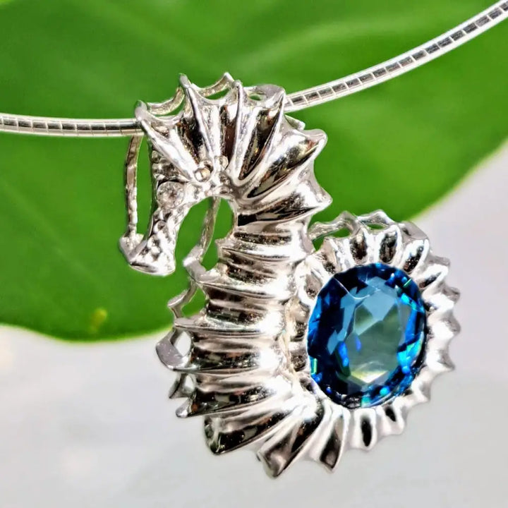 ?SEahorse of Course!’ 1’’ Pendant - Topaz Anti-tarnish Sterling 18’’ Steel Cable Necklace Incl. - on Omega Chain