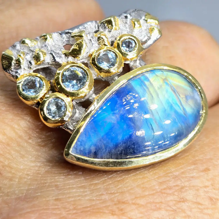?SErenity Now!’ Sz 8.25 Ring - Blue Rainbow Moonstone Topaz Anti-tarnish Sterling 18k Gold