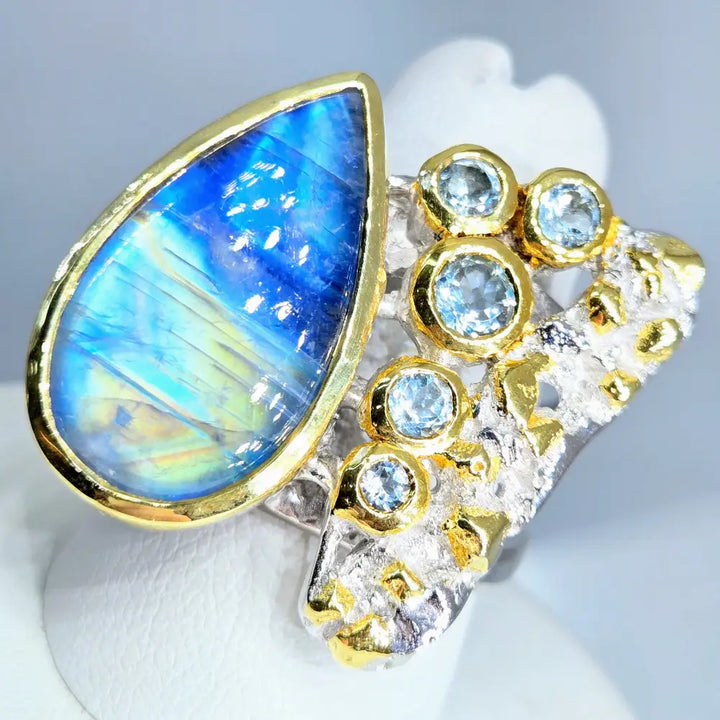 ?SErenity Now!’ Sz 8.25 Ring - Blue Rainbow Moonstone Topaz Anti-tarnish Sterling 18k Gold