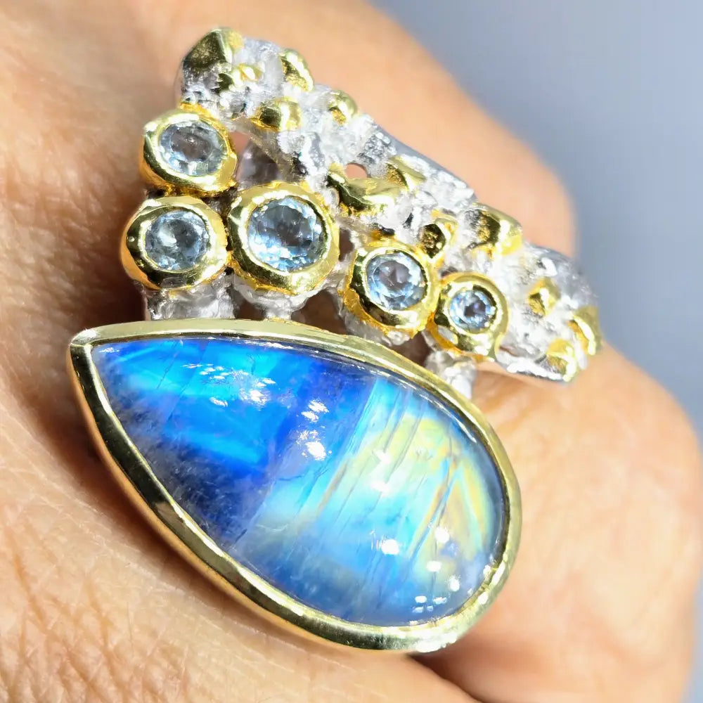 ?SErenity Now!’ Sz 8.25 Ring - Blue Rainbow Moonstone Topaz Anti-tarnish Sterling 18k Gold