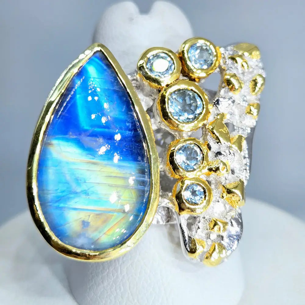 ?SErenity Now!’ Sz 8.25 Ring - Blue Rainbow Moonstone Topaz Anti-tarnish Sterling 18k Gold