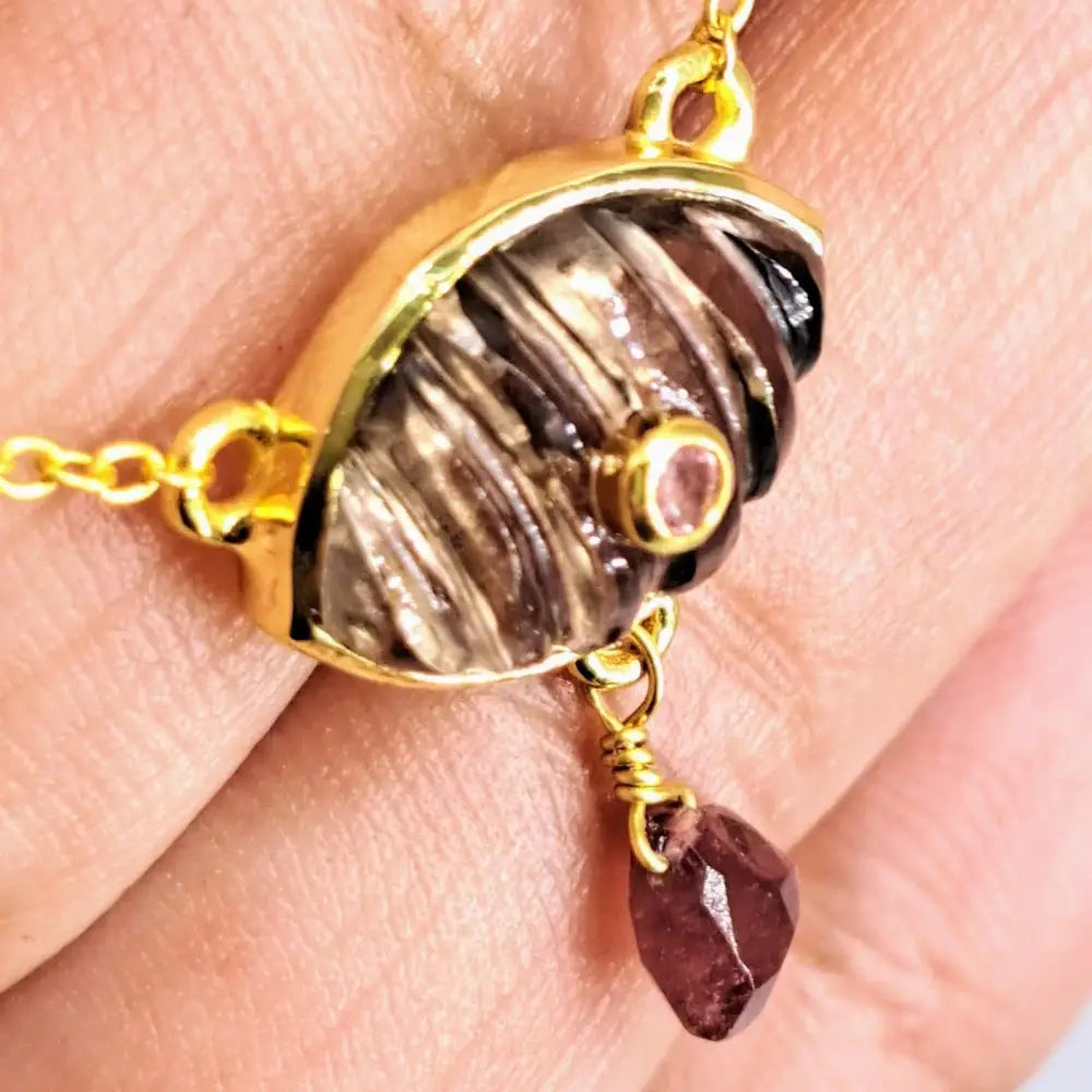 ?SHell of Venus’ 16-18’’ Necklace- Choose Chalcedony or Smoky Quartz with Tourmaline 18k Gold Sterling - Pendant