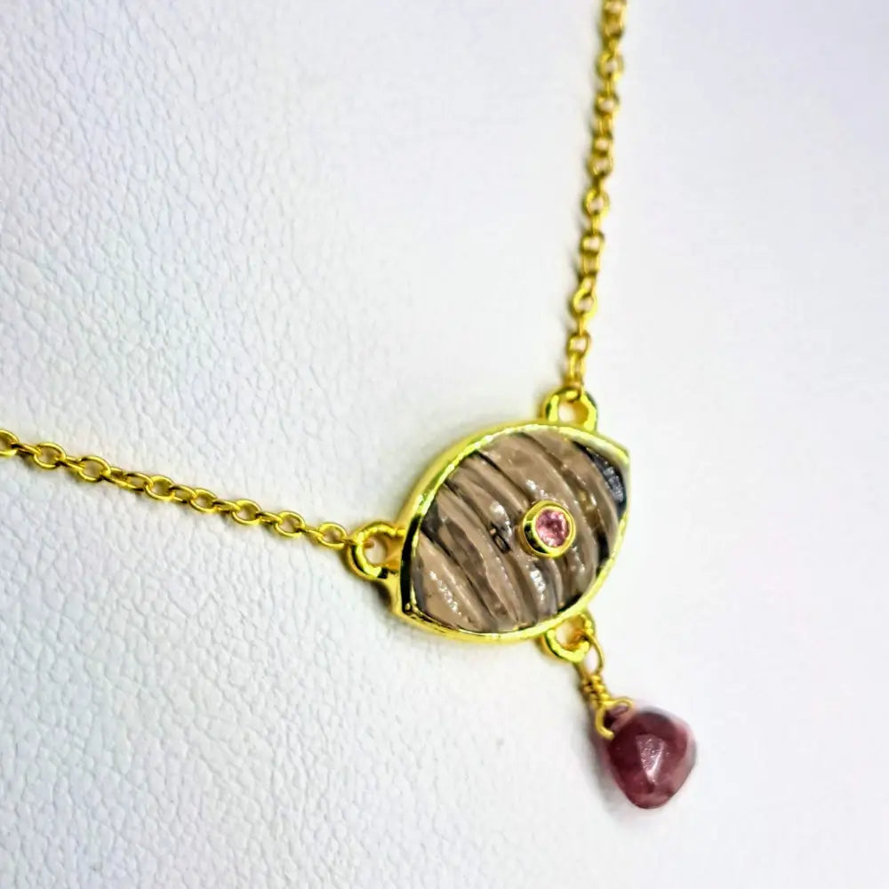 ?SHell of Venus’ 16-18’’ Necklace- Choose Chalcedony or Smoky Quartz with Tourmaline 18k Gold Sterling - Pendant