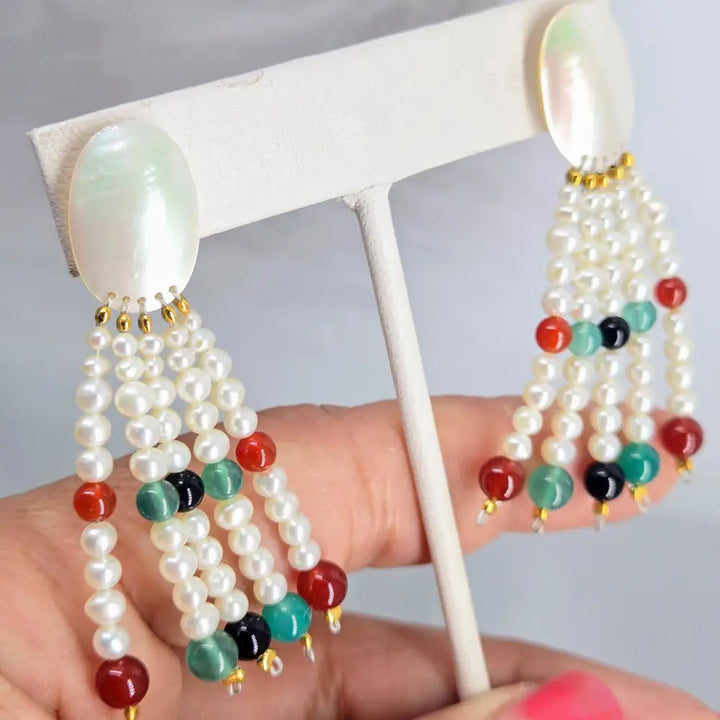 ?SHe’s a Dish!’ 2.25’’ Earrings - Pearls Mop Onyx Carnelian Sterling Posts - Necklace