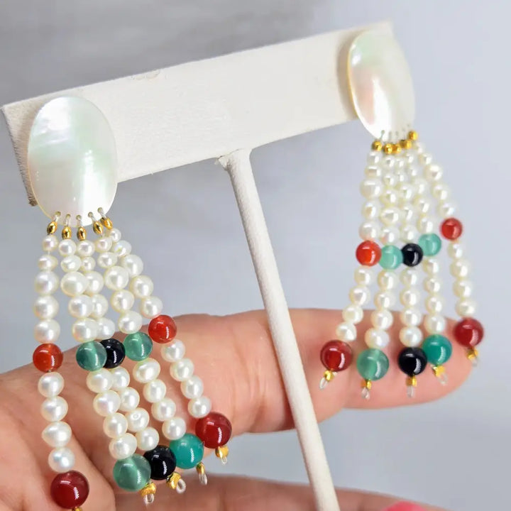 ?SHe’s a Dish!’ 2.25’’ Earrings - Pearls Mop Onyx Carnelian Sterling Posts - Necklace