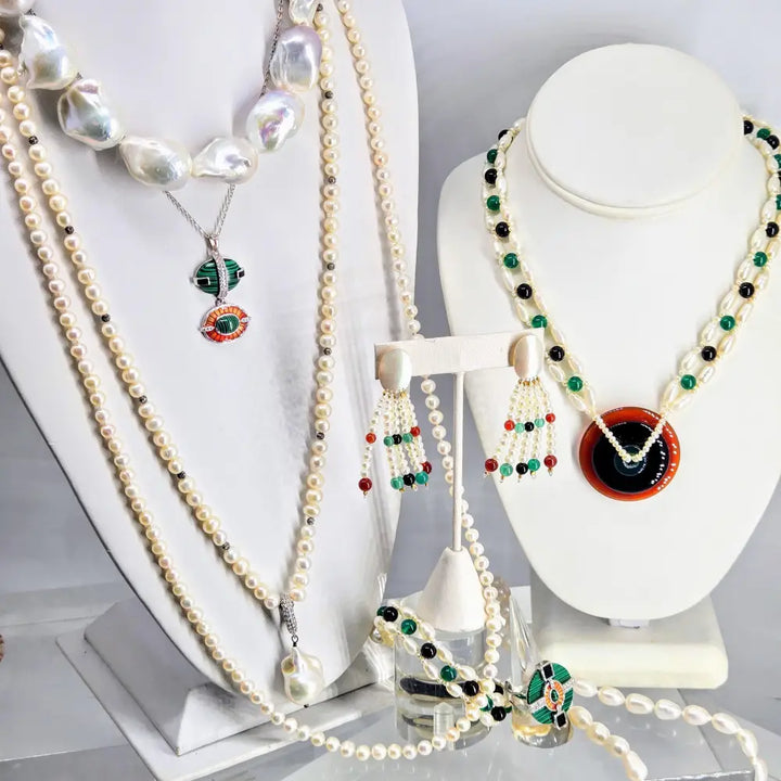 ?SHe’s a Dish!’ 2.25’’ Earrings - Pearls Mop Onyx Carnelian Sterling Posts - Necklace