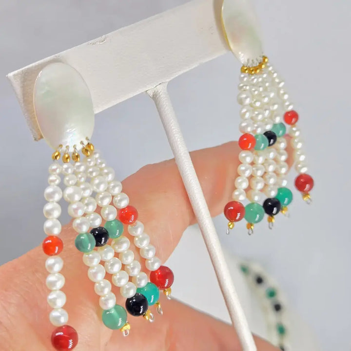 ?SHe’s a Dish!’ 2.25’’ Earrings - Pearls Mop Onyx Carnelian Sterling Posts - Necklace