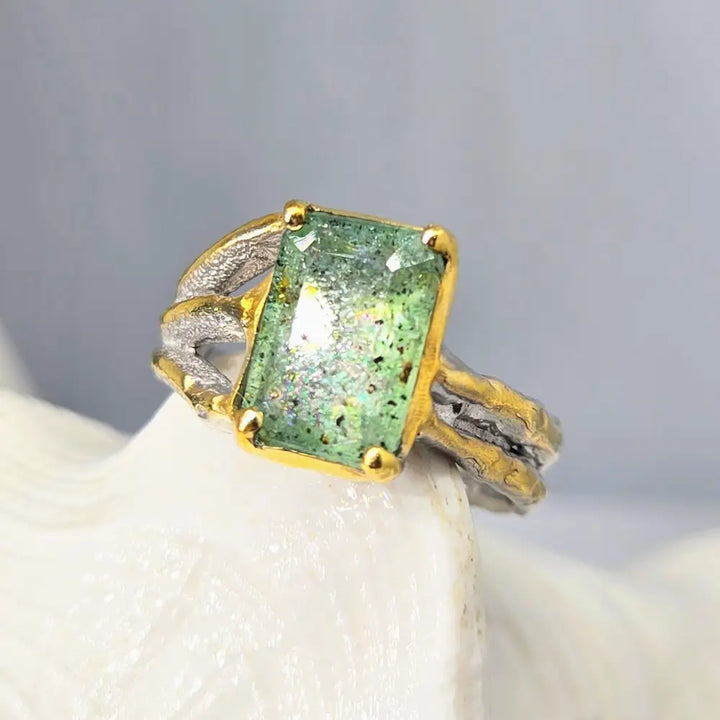?SHimmering Seas’ Sz 8 Ring - Aquamarine Sterling 18k Accents