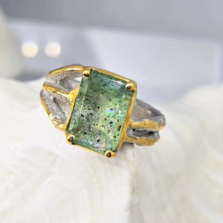 ?SHimmering Seas’ Sz 8 Ring - Aquamarine Sterling 18k Accents
