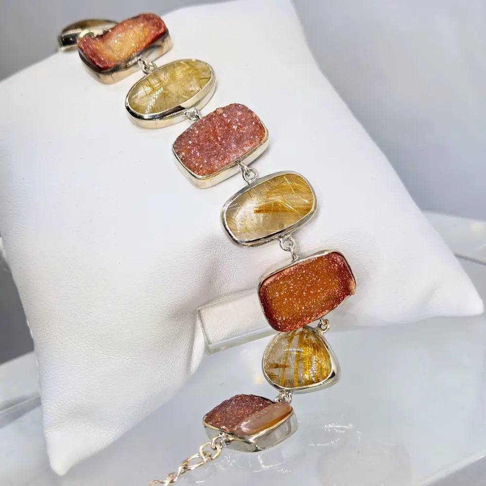 Outlet ?Shimmering Sunset #1’’ 7’’ - 9’’ Bracelet - Druzy Rutilated Quartz Sterling