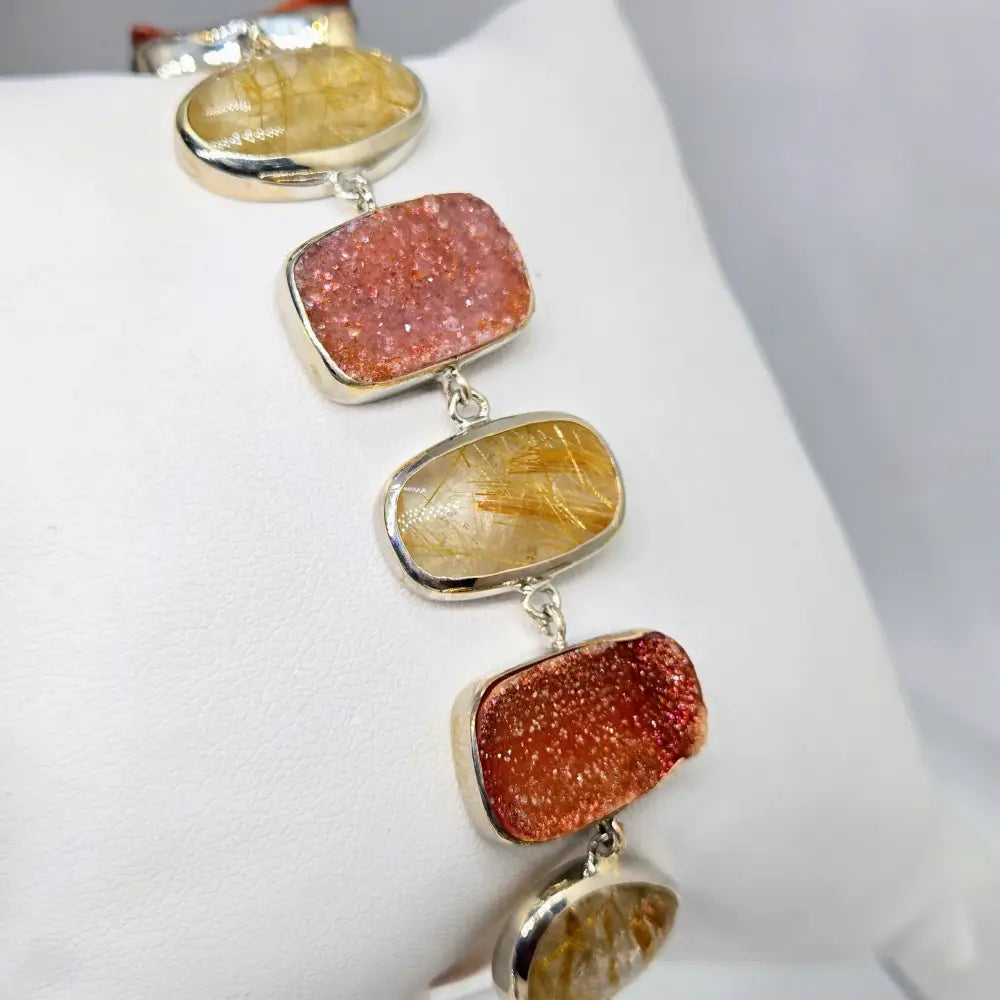 Outlet ?Shimmering Sunset #1’’ 7’’ - 9’’ Bracelet - Druzy Rutilated Quartz Sterling