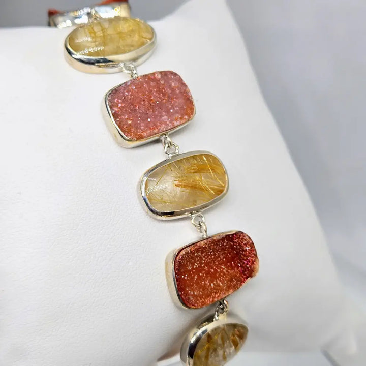 Outlet ?Shimmering Sunset #1’’ 7’’ - 9’’ Bracelet - Druzy Rutilated Quartz Sterling