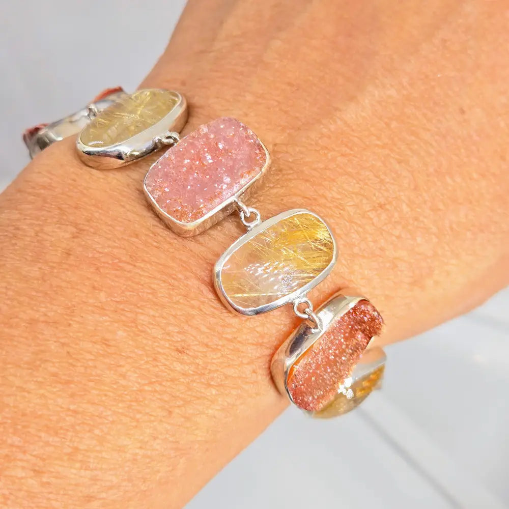 Outlet ?Shimmering Sunset #1’’ 7’’ - 9’’ Bracelet - Druzy Rutilated Quartz Sterling