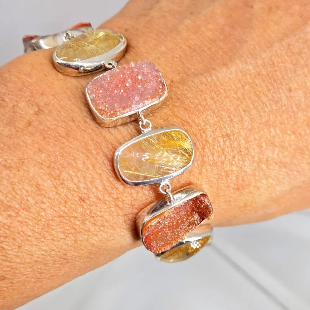 Outlet ?Shimmering Sunset #1’’ 7’’ - 9’’ Bracelet - Druzy Rutilated Quartz Sterling
