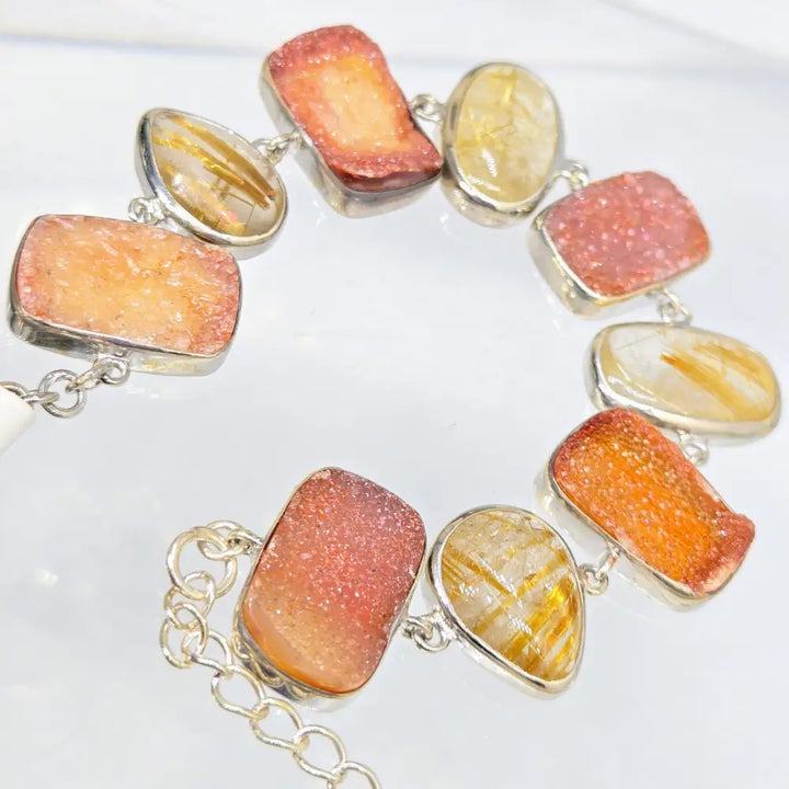 Outlet ?Shimmering Sunset #1’’ 7’’ - 9’’ Bracelet - Druzy Rutilated Quartz Sterling