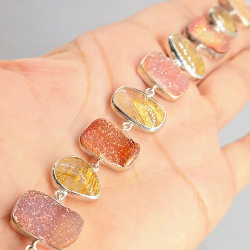 Outlet ?Shimmering Sunset #1’’ 7’’ - 9’’ Bracelet - Druzy Rutilated Quartz Sterling