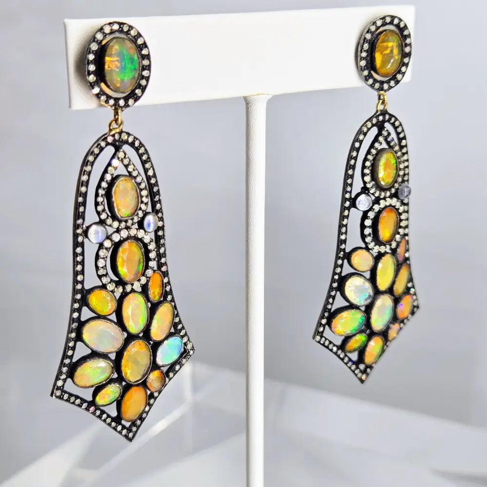 ?SHimmering Sunset Sail’ 2.75’’ Earrings - Opal Diamond Moonstone Black Sterling
