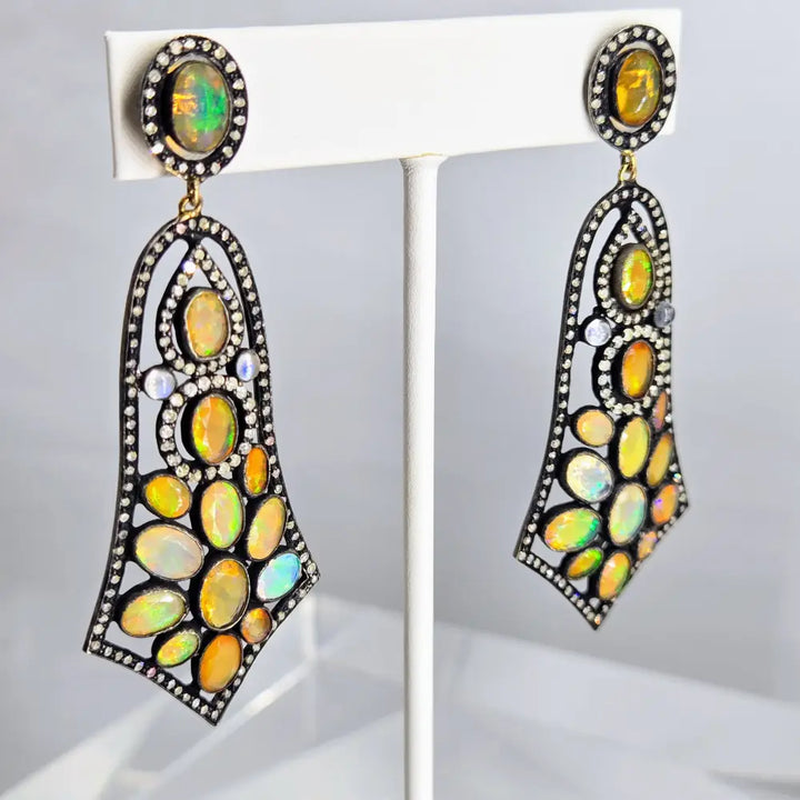 ?SHimmering Sunset Sail’ 2.75’’ Earrings - Opal Diamond Moonstone Black Sterling