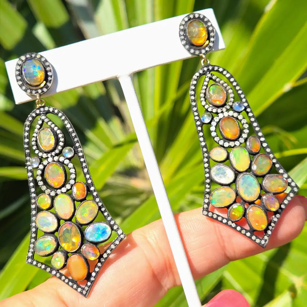 ?SHimmering Sunset Sail’ 2.75’’ Earrings - Opal Diamond Moonstone Black Sterling