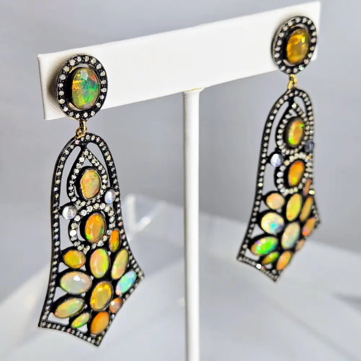 ?SHimmering Sunset Sail’ 2.75’’ Earrings - Opal Diamond Moonstone Black Sterling